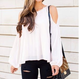 Pink pleated cold shoulder blouse